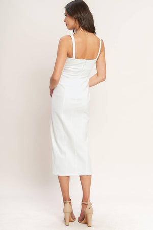 White denim Silent Shin Twill Midi Dress by Flying Tomato, showcasing a stylish, casual dress with a fitted waist and midi length.