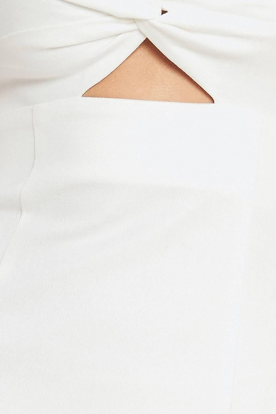 Flying Tomato Silent Shin Twill Midi Dress in white denim, showcasing a stylish, knee-length dress with a fitted waist and subtle stitching.