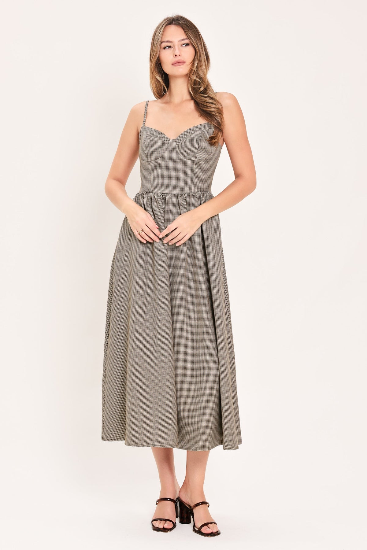 Taupe and brown plaid woven midi dress from Flying Tomato with a fitted waist and sleeveless design.