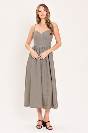 Taupe and brown plaid woven midi dress from Flying Tomato with a fitted waist and sleeveless design.