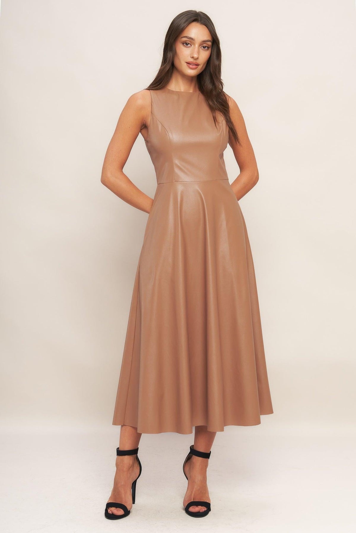 Flying Tomato BARE SOPHISTIQUE faux leather midi dress in camel color, stylish and fitted with a sleek silhouette.