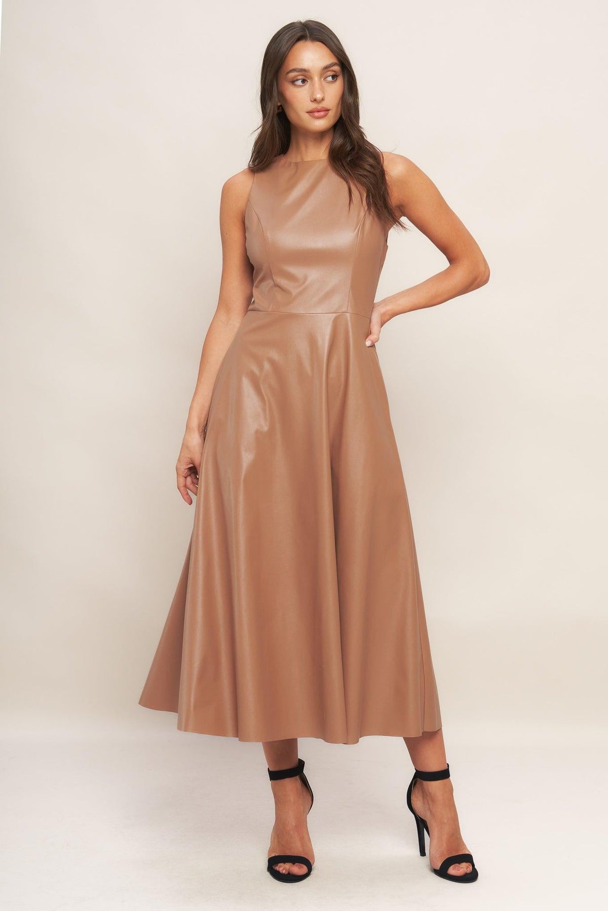 Flying Tomato BARE SOPHISTIQUE faux leather midi dress in camel color, featuring a sleek, fitted silhouette and stylish design.