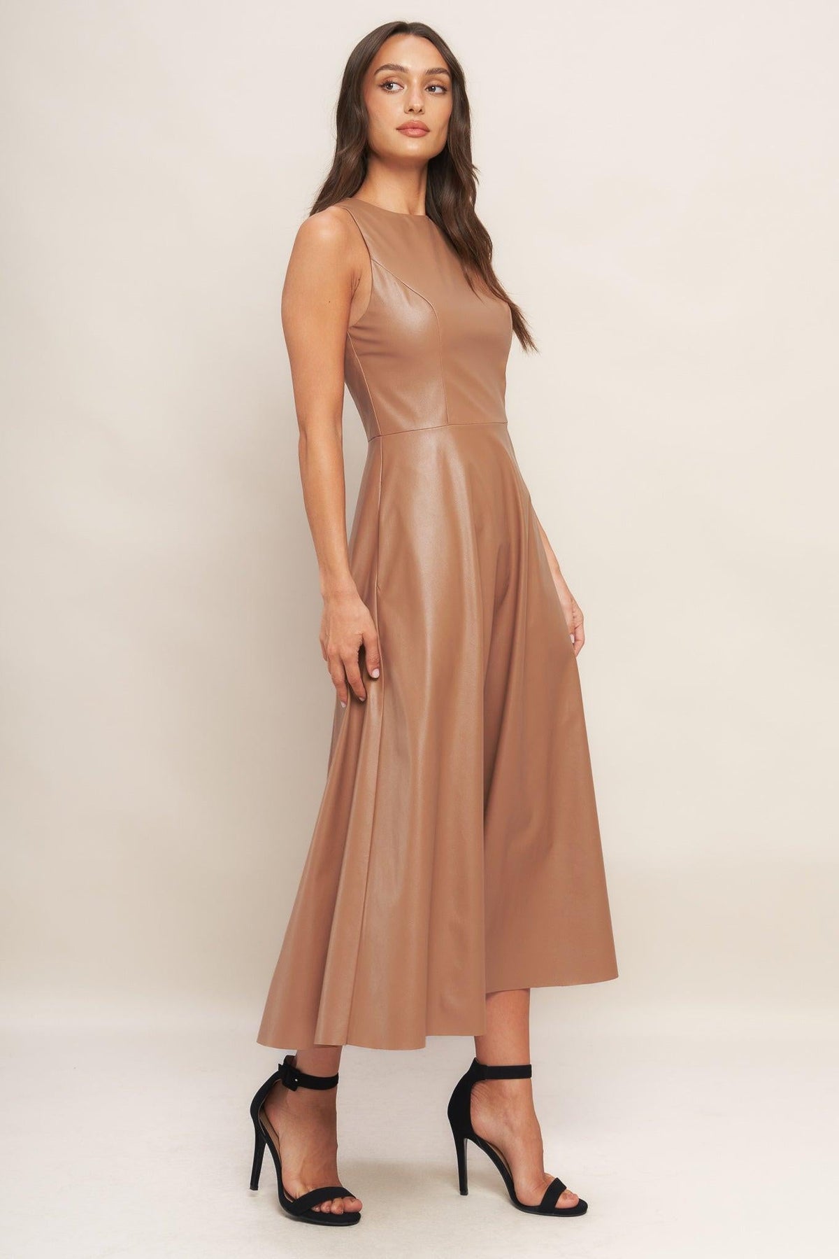 Flying Tomato BARE SOPHISTIQUE faux leather midi dress in camel color, featuring a sleek, fitted silhouette and stylish design.