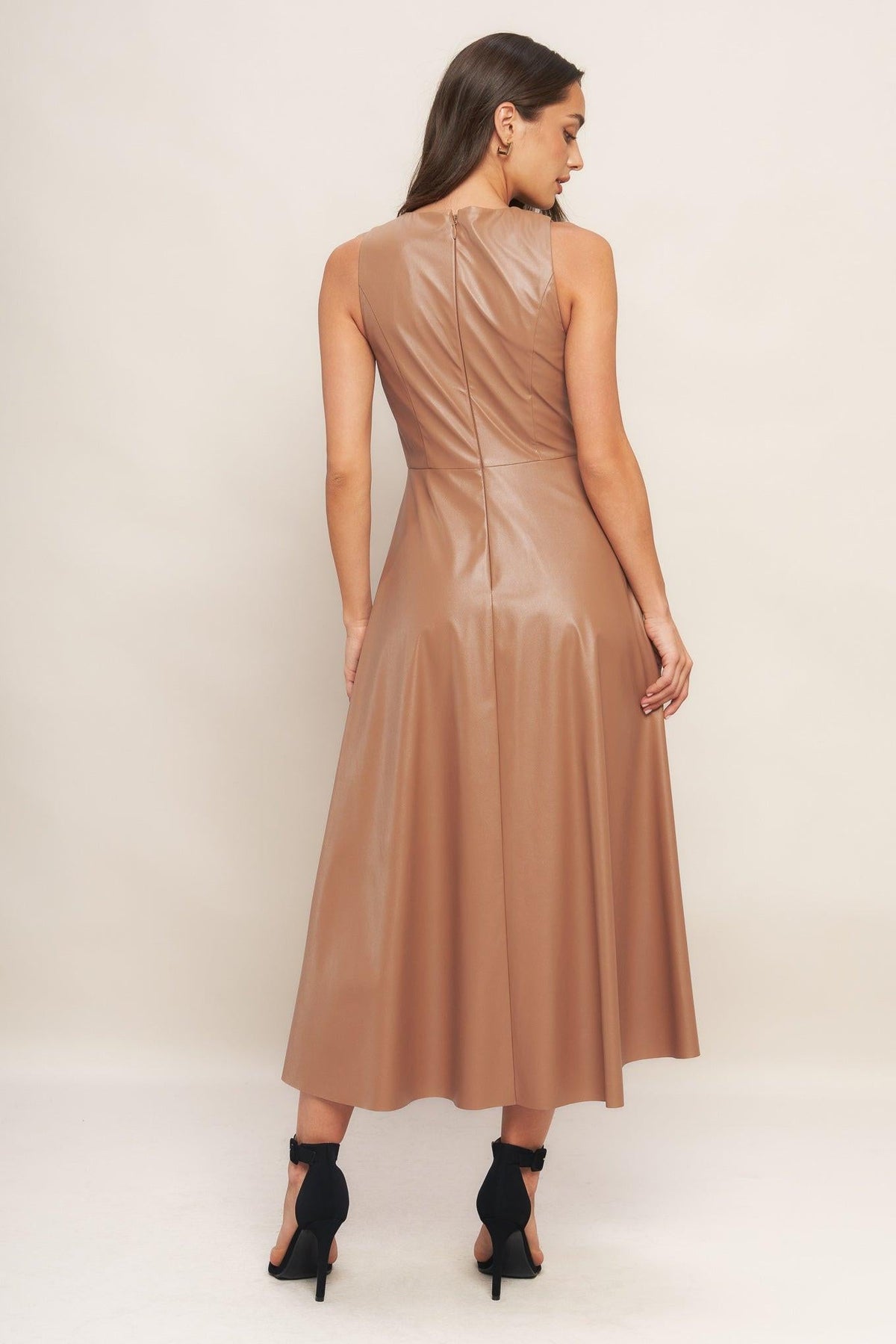 Flying Tomato Bare Sophistique faux leather midi dress in camel, stylish sleeveless design with a fitted silhouette.