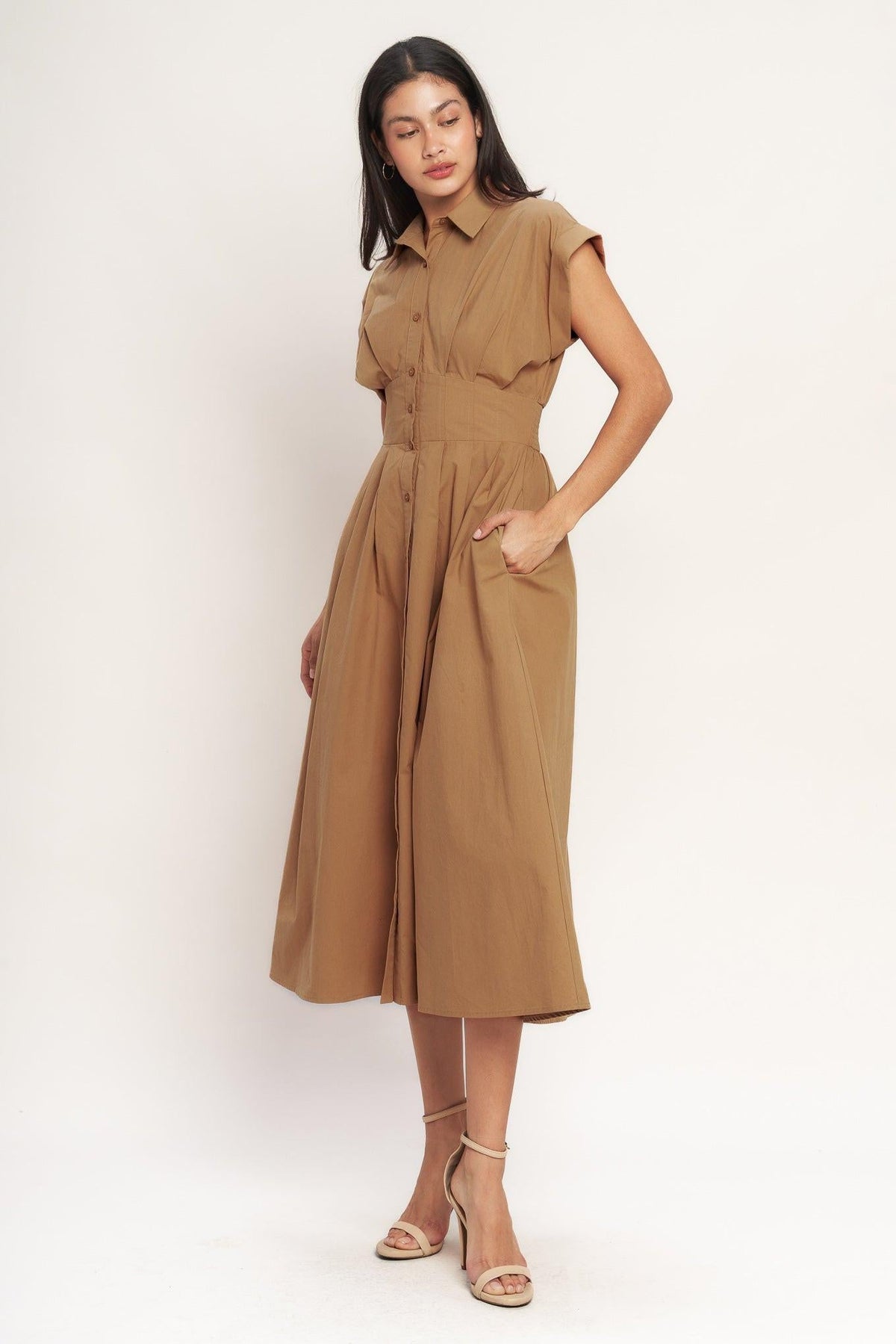 Flying Tomato Love You More woven midi dress in caramel color, showcasing a stylish and comfortable dress design.