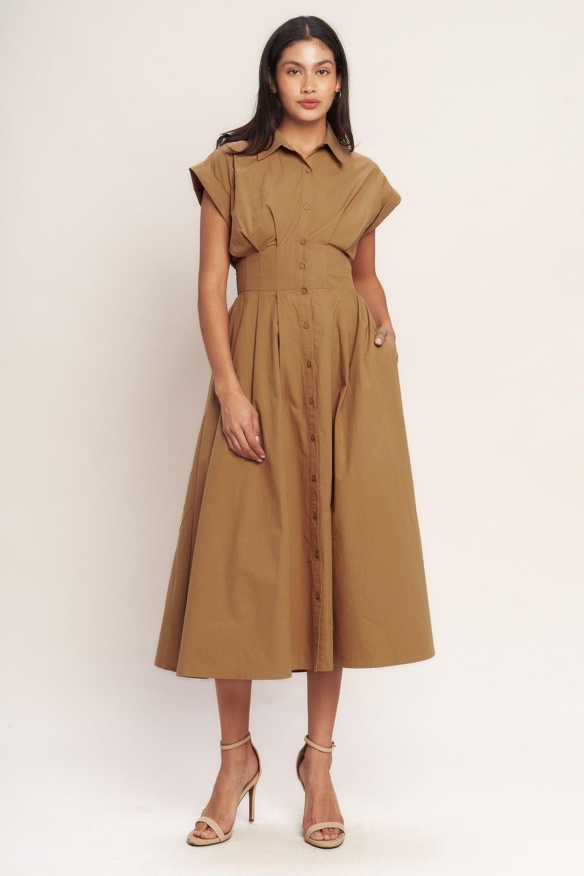 Flying Tomato love you more woven midi dress in caramel color, featuring a stylish and comfortable design for casual wear.