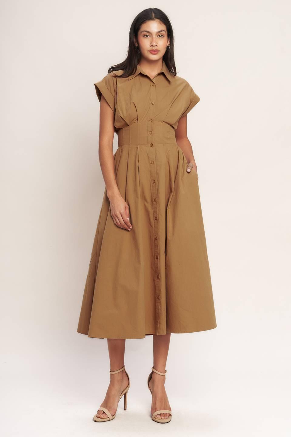 Flying Tomato Love You More woven midi dress in caramel color, showcasing its relaxed fit and stylish design.