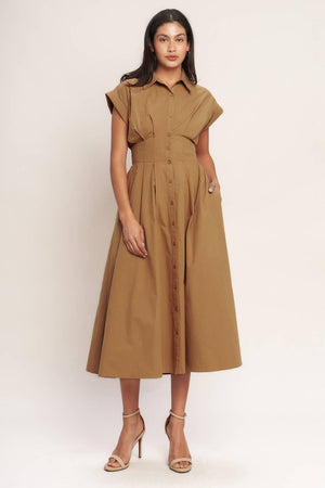 Flying Tomato Love You More woven midi dress in caramel color, showcasing its relaxed fit and stylish design.