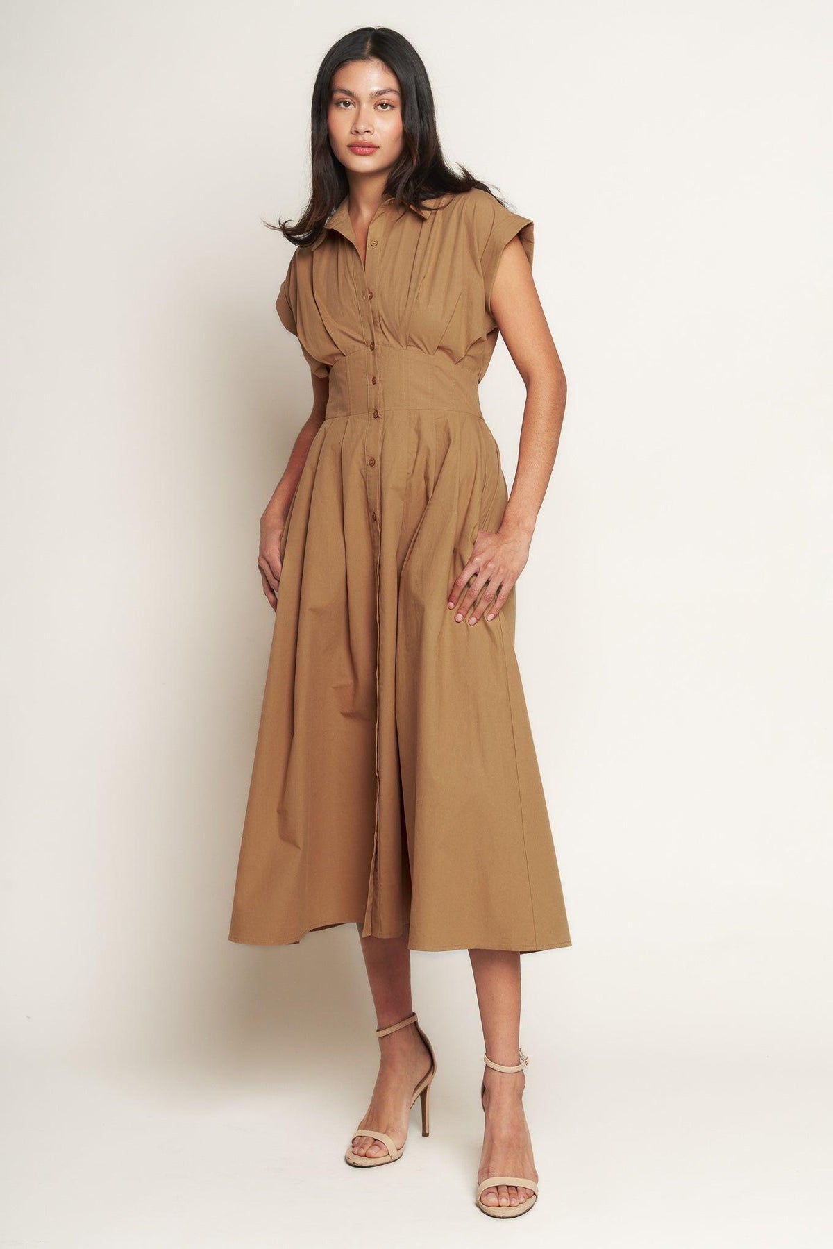 Flying Tomato Love You More woven midi dress in caramel color, featuring a stylish, flowy design perfect for casual or dressy occasions.