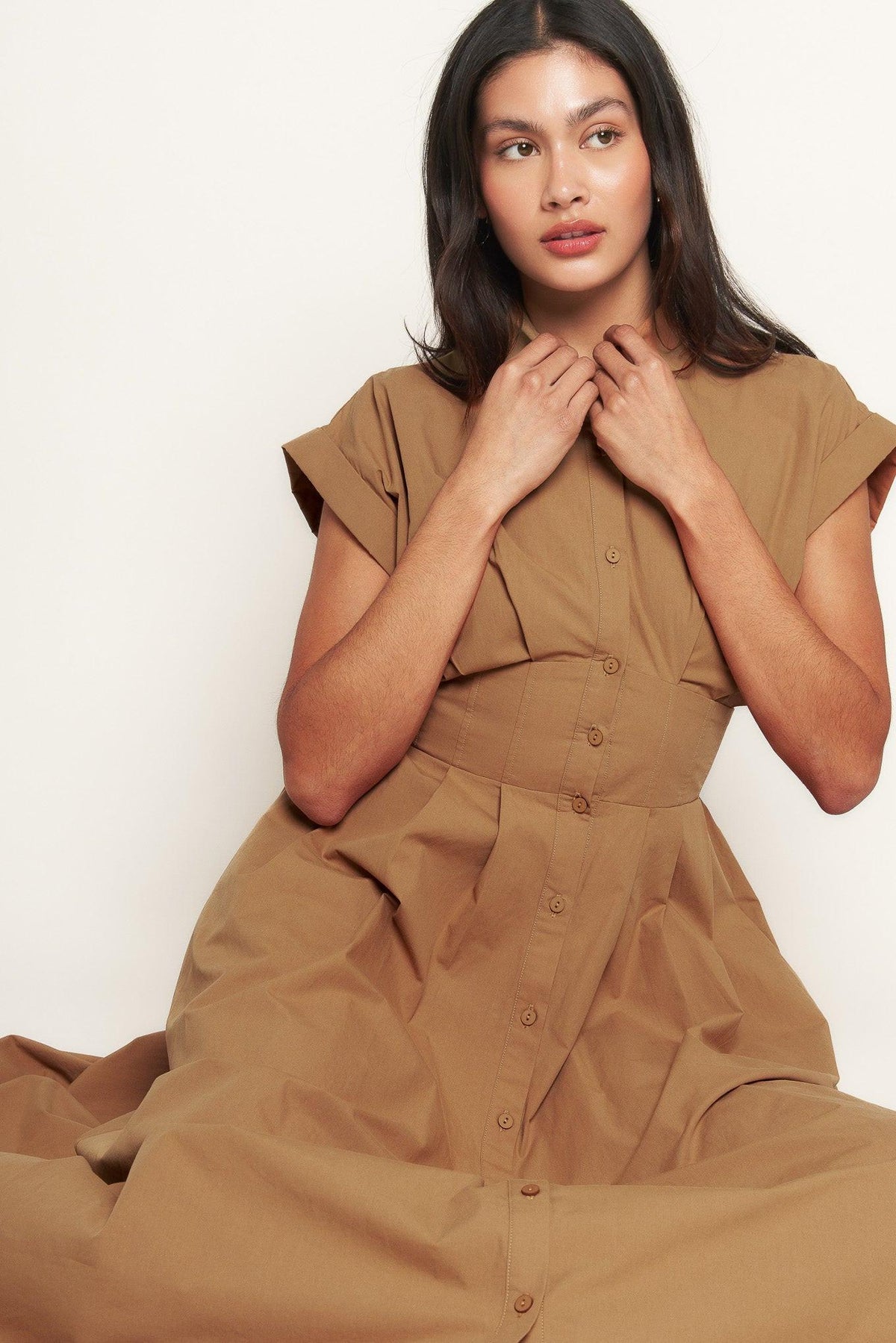 Flying Tomato Love You More woven midi dress in caramel color, flowy fabric with a fitted waist and midi length, casual and stylish.