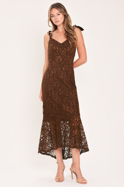 Flying Tomato Autumn Romance chestnut lace tie-strap midi dress with a fitted bodice, lace details, and flowing skirt.