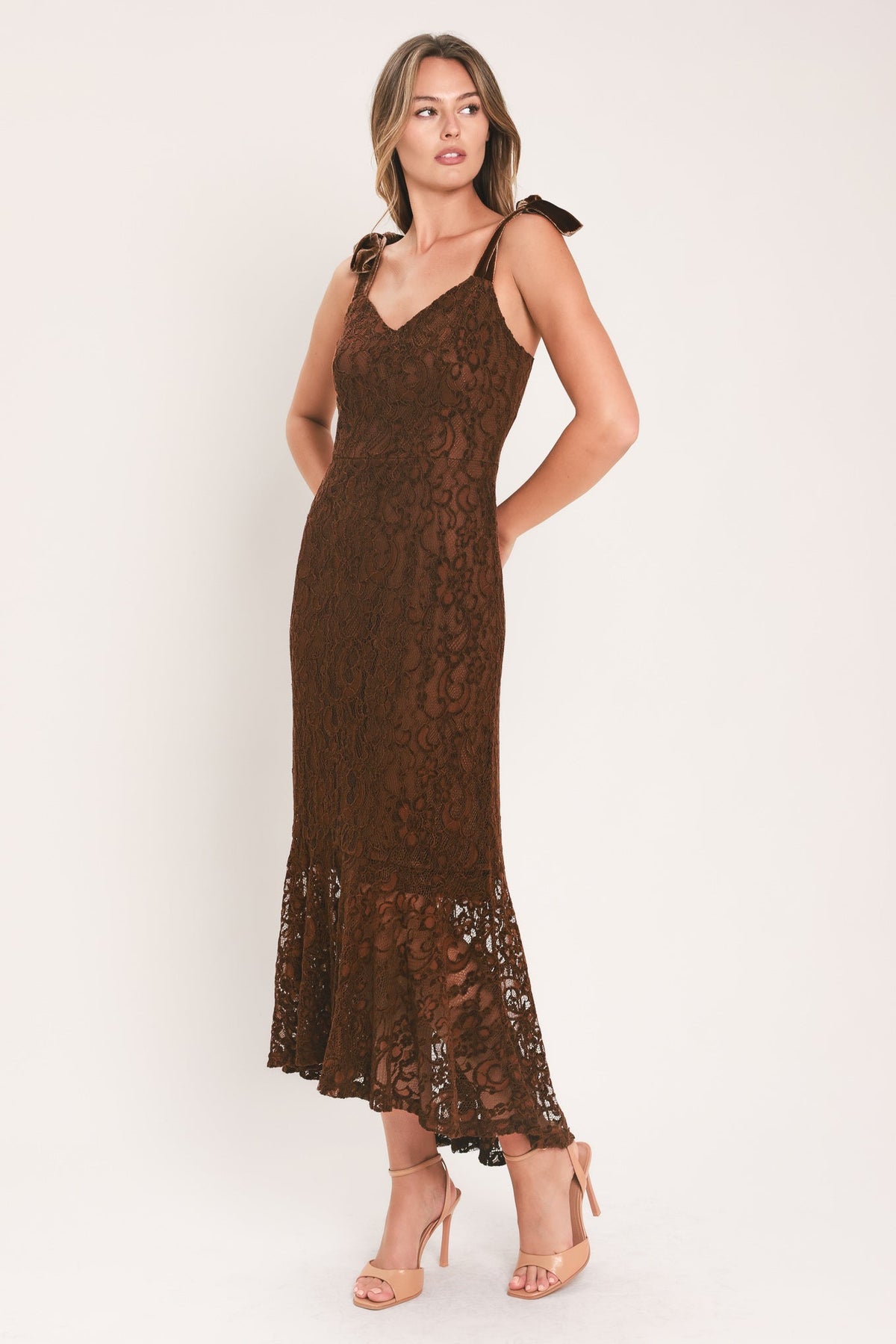 Flying Tomato Autumn Romance Chestnut Lace Tie-Strip Midi Dress featuring lace accents and a fitted silhouette.
