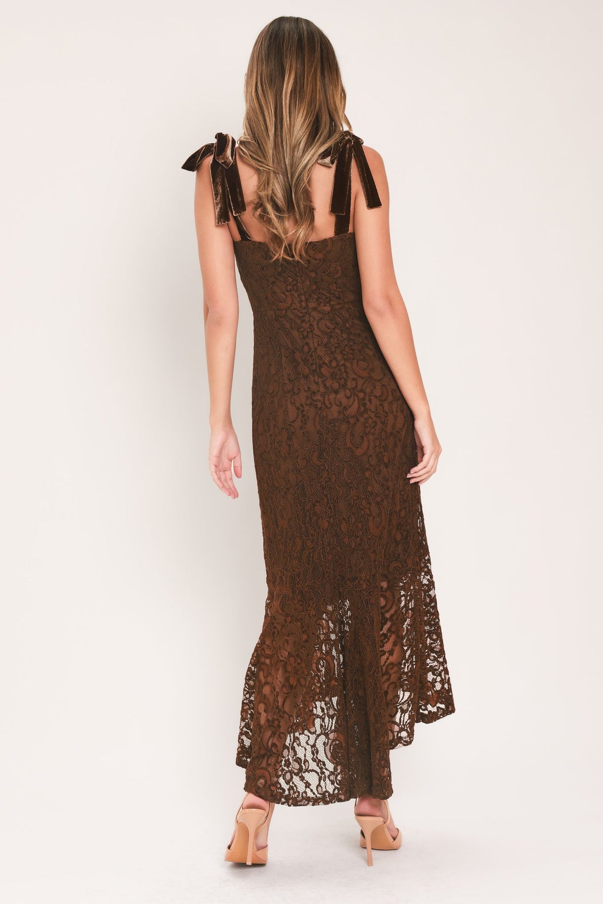 Flying Tomato Autumn Romance Chestnut lace tie-strap midi dress with a fitted bodice and flowing skirt, perfect for fall occasions.
