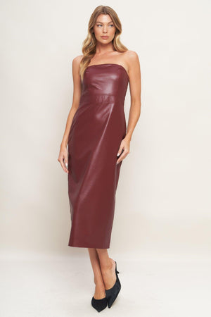 Flying Tomato runway trend burgundy faux leather midi dress, stylish sleeveless dress with fitted silhouette and chic design.