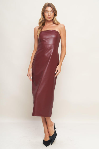 Flying Tomato runway trend burgundy faux leather midi dress, stylish sleeveless dress with fitted silhouette and chic design.