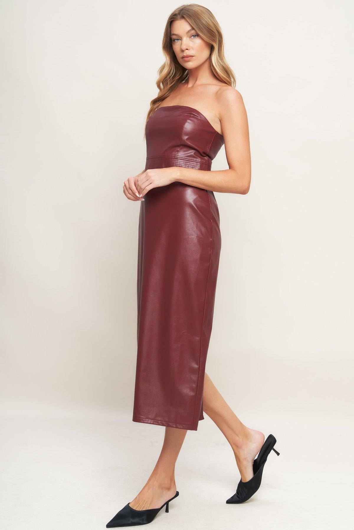 Flying Tomato Burgundy faux leather midi dress from the Runway Trend collection, featuring a sleek, fitted silhouette.