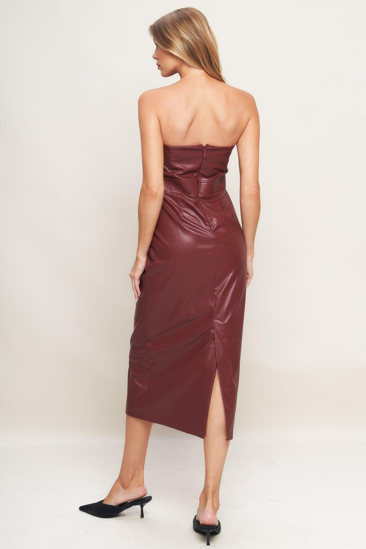 Flying Tomato burgundy faux leather midi dress with a fitted silhouette and stylish neckline, perfect for trendy evening wear.