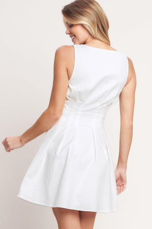 White denim Summer Promise woven mini dress by Flying Tomato featuring a sleeveless design and casual style.
