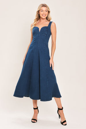 Flying Tomato Blue Hour Denim Midi Dress, medium indigo denim, front view showcasing the dress's length and fitted style.