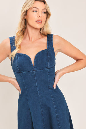 Medium indigo Blue Hour Denim Midi Dress by Flying Tomato, featuring a stylish casual design with a fitted waist and knee-length hem.