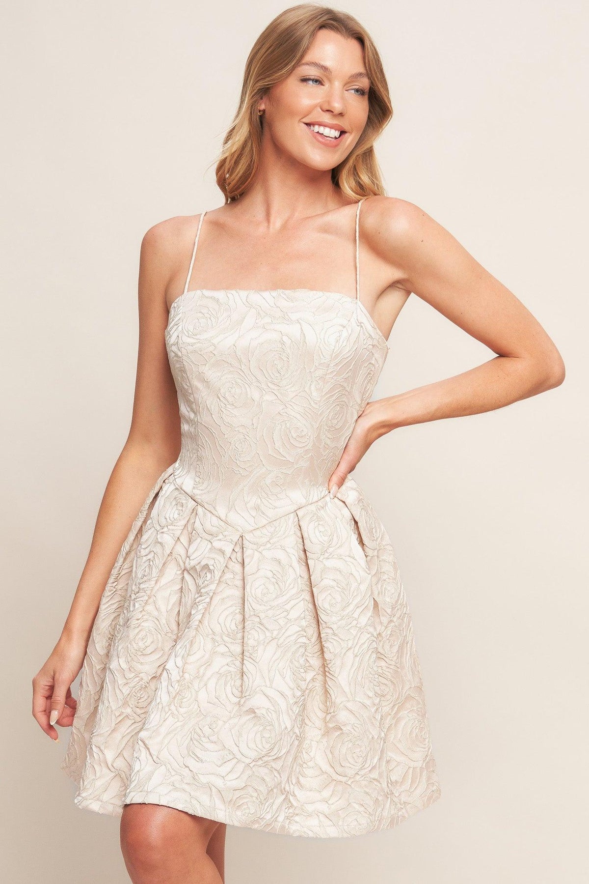 Blush floral woven mini dress from Flying Tomato featuring a romantic garden-inspired design and lightweight fabric.