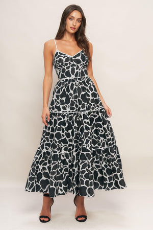 Flying Tomato Urban Wild woven midi dress in ivory and black, featuring a stylish, flowing design with intricate woven details.