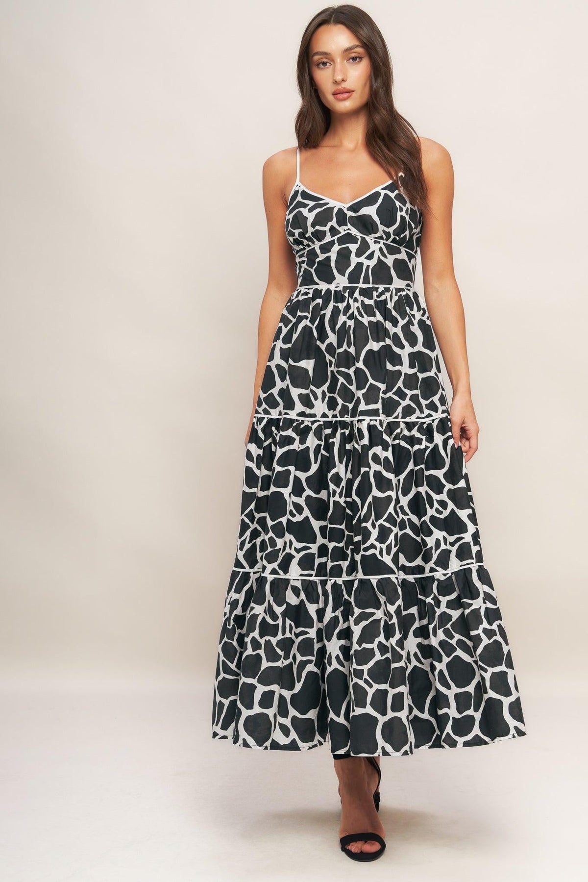 Flying Tomato Urban Wild woven midi dress in ivory and black, featuring a stylish, flowy design perfect for casual or dressy occasions.