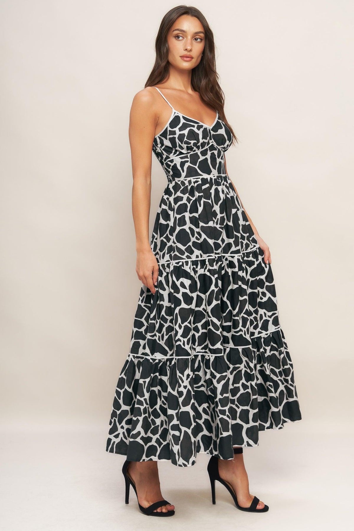 Flying Tomato Urban Wild woven midi dress in ivory and black, featuring a stylish, flowing design and intricate woven details.