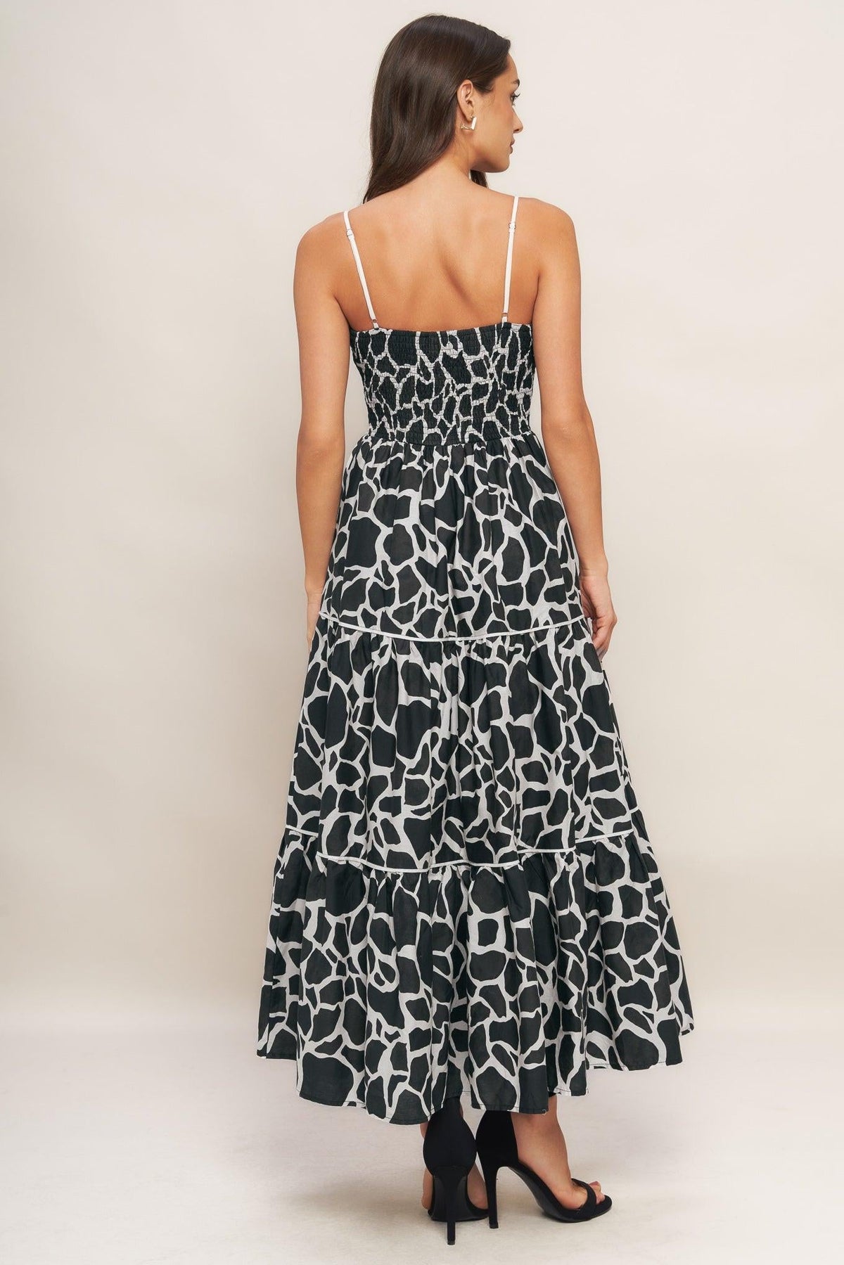 Flying Tomato Urban Wild woven midi dress in ivory and black, featuring a stylish, flowing design perfect for casual or dressy occasions.