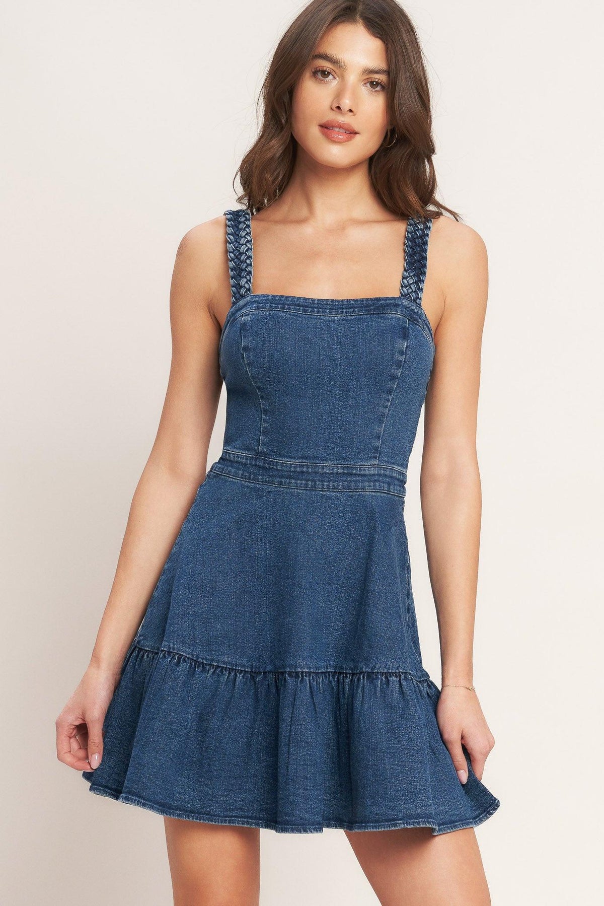Medium indigo Flying Tomato functional seaming denim mini dress with fitted silhouette and stylish seam detailing.