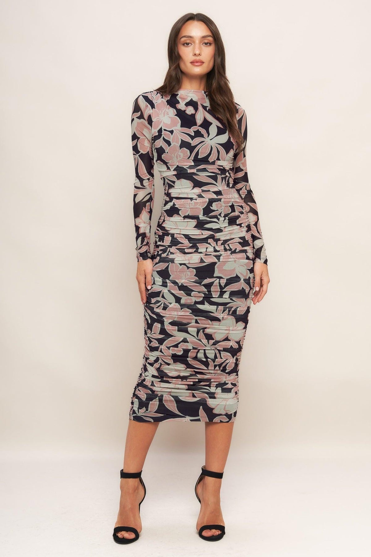 Flying Tomato muted romance power mesh midi dress in black, featuring a fitted silhouette and stylish mesh fabric.