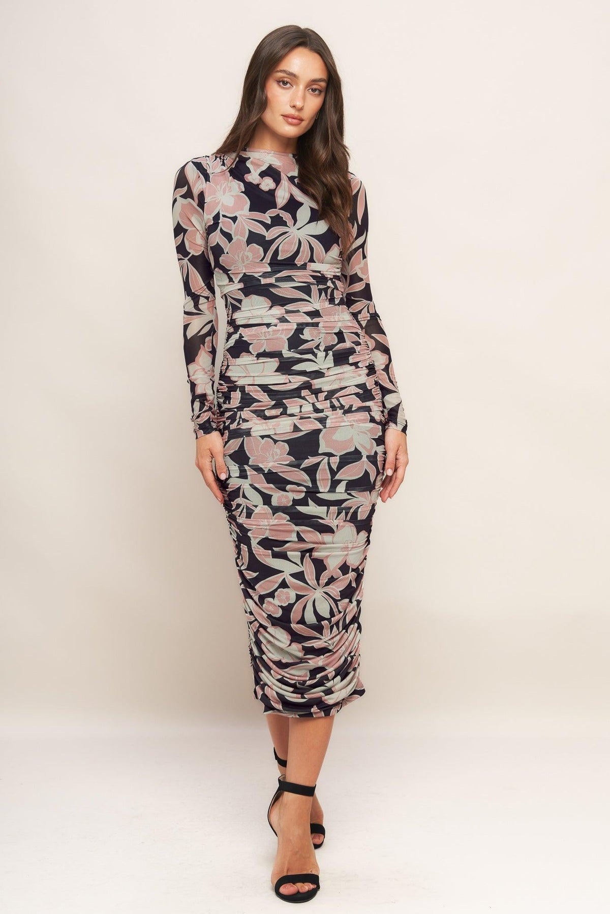 Black Flying Tomato muted romance power mesh midi dress with fitted silhouette and delicate mesh fabric.