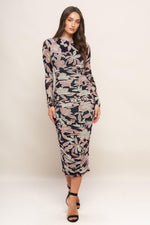 Black Flying Tomato muted romance power mesh midi dress with fitted silhouette and delicate mesh fabric.