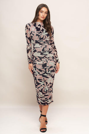Black Flying Tomato muted romance power mesh midi dress with fitted silhouette and delicate mesh fabric.