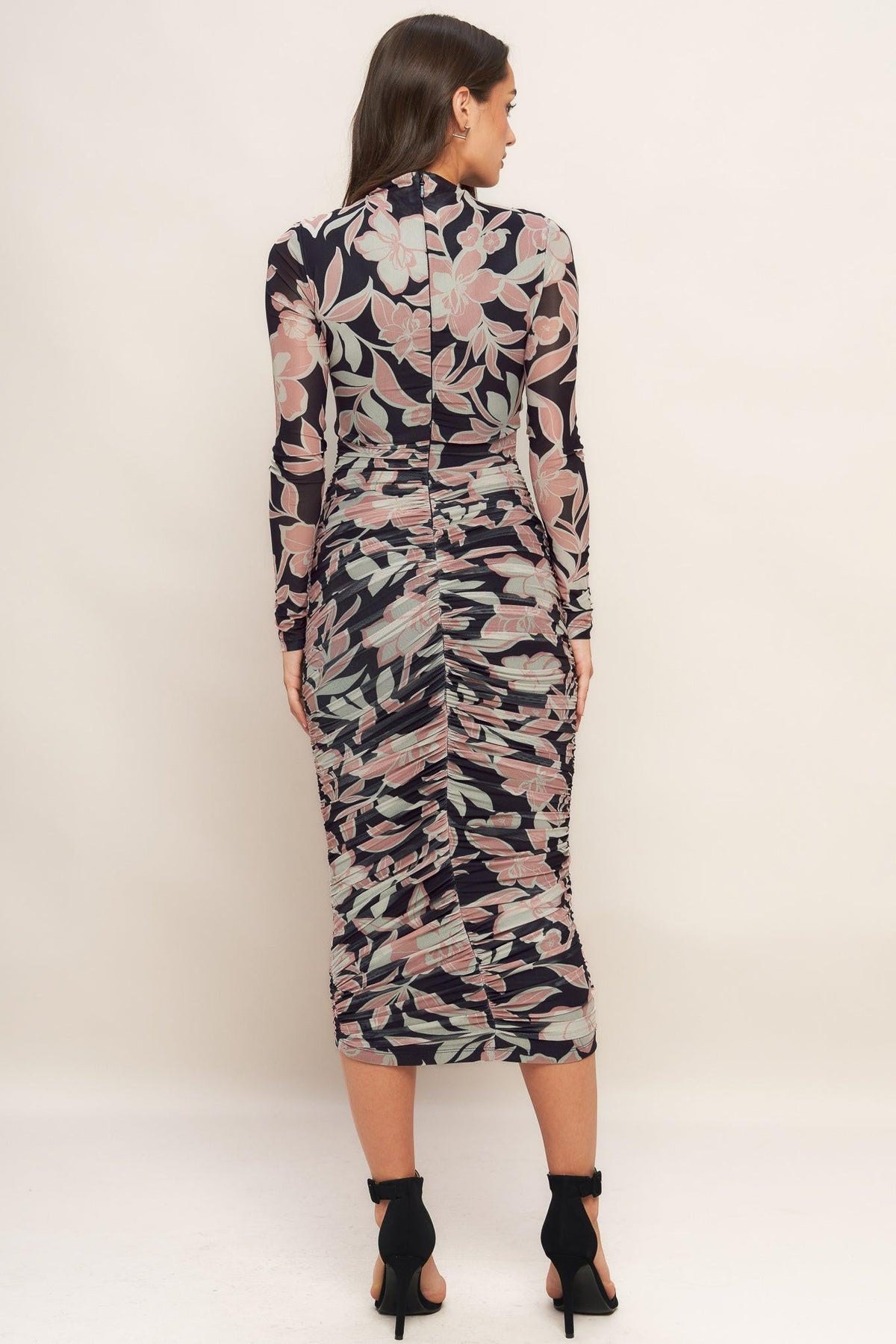 Flying Tomato muted romance power mesh midi dress in black, featuring a fitted silhouette and stylish mesh fabric.