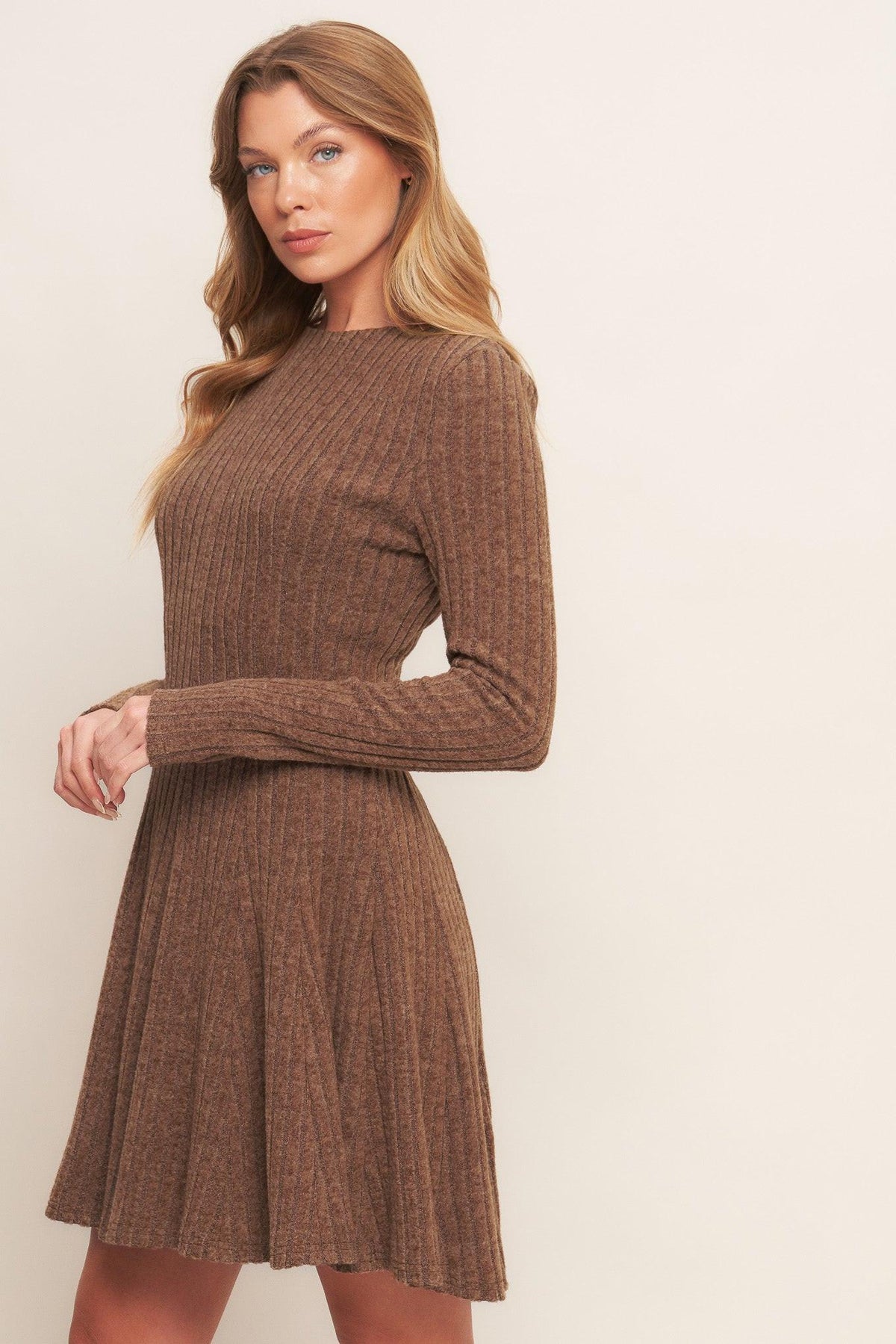 Autumn coffee brown knit mini dress by Flying Tomato, featuring long sleeves and a fitted silhouette.