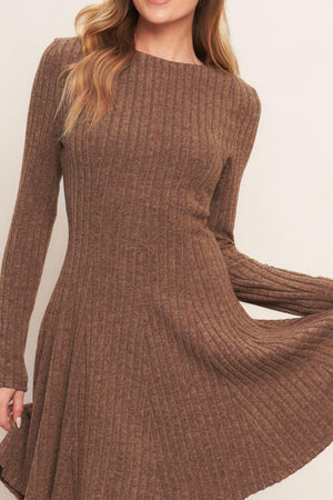 Autumn coffee brown knit mini dress by Flying Tomato, featuring long sleeves and a fitted silhouette.