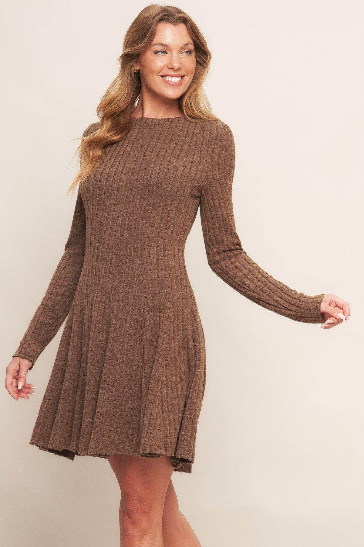 Autumn coffee brown knit mini dress from Flying Tomato featuring long sleeves and a fitted silhouette.