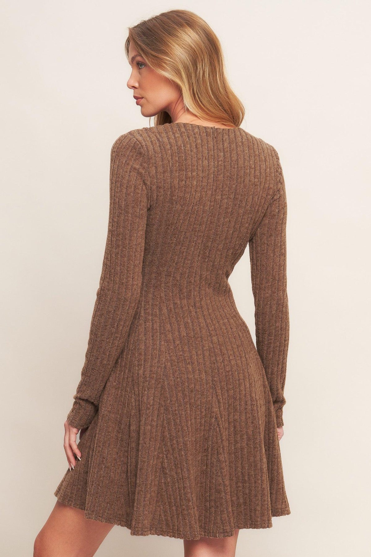 Flying Tomato autumn coffee brown knit mini dress displayed on a hanger, featuring long sleeves and a cozy, fitted design.