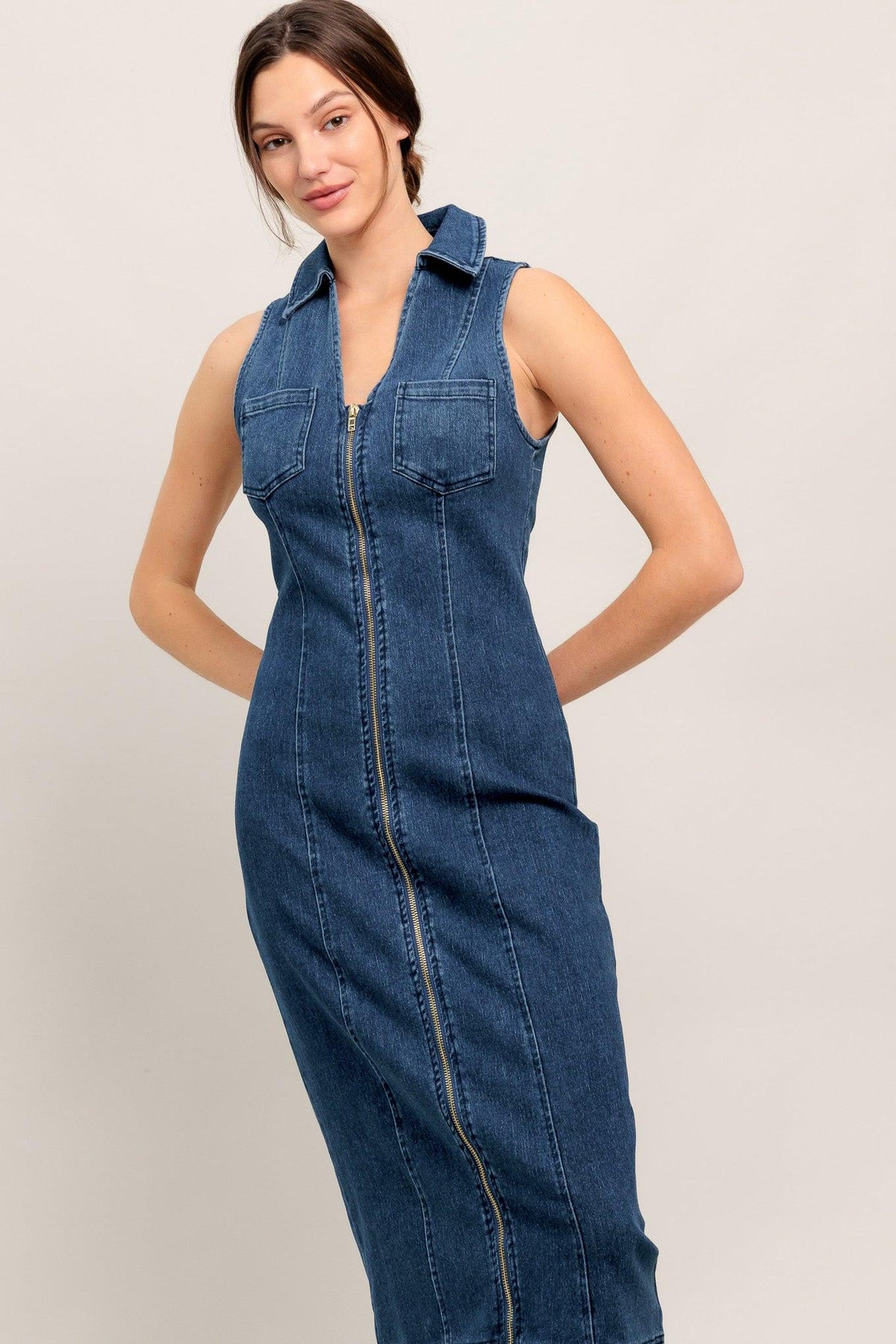 Medium indigo Flying Tomato Everyday Edge Denim Midi Dress with sleeveless design and fitted silhouette.