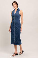 Medium indigo Flying Tomato Everyday Edge Denim Midi Dress with a fitted waist and classic denim styling.