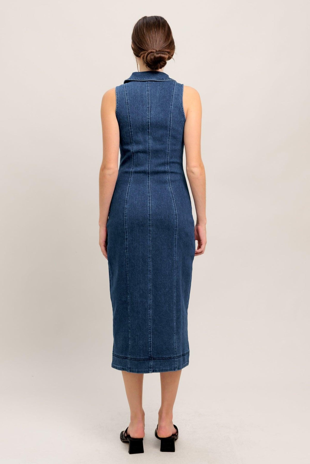 Flying Tomato Everyday Edge Denim Midi Dress in medium indigo with a fitted silhouette and casual style.