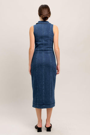 Flying Tomato Everyday Edge Denim Midi Dress in medium indigo with a fitted silhouette and casual style.