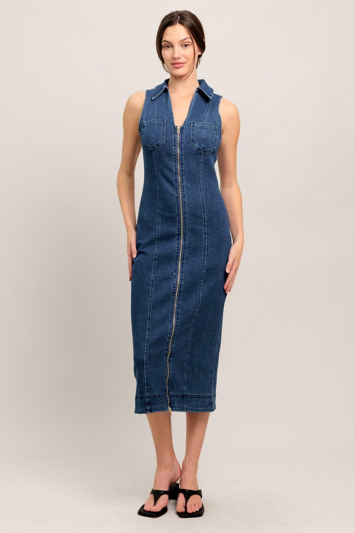 Flying Tomato Everyday Edge Denim Midi Dress in medium indigo, featuring a fitted waist and stylish midi length.