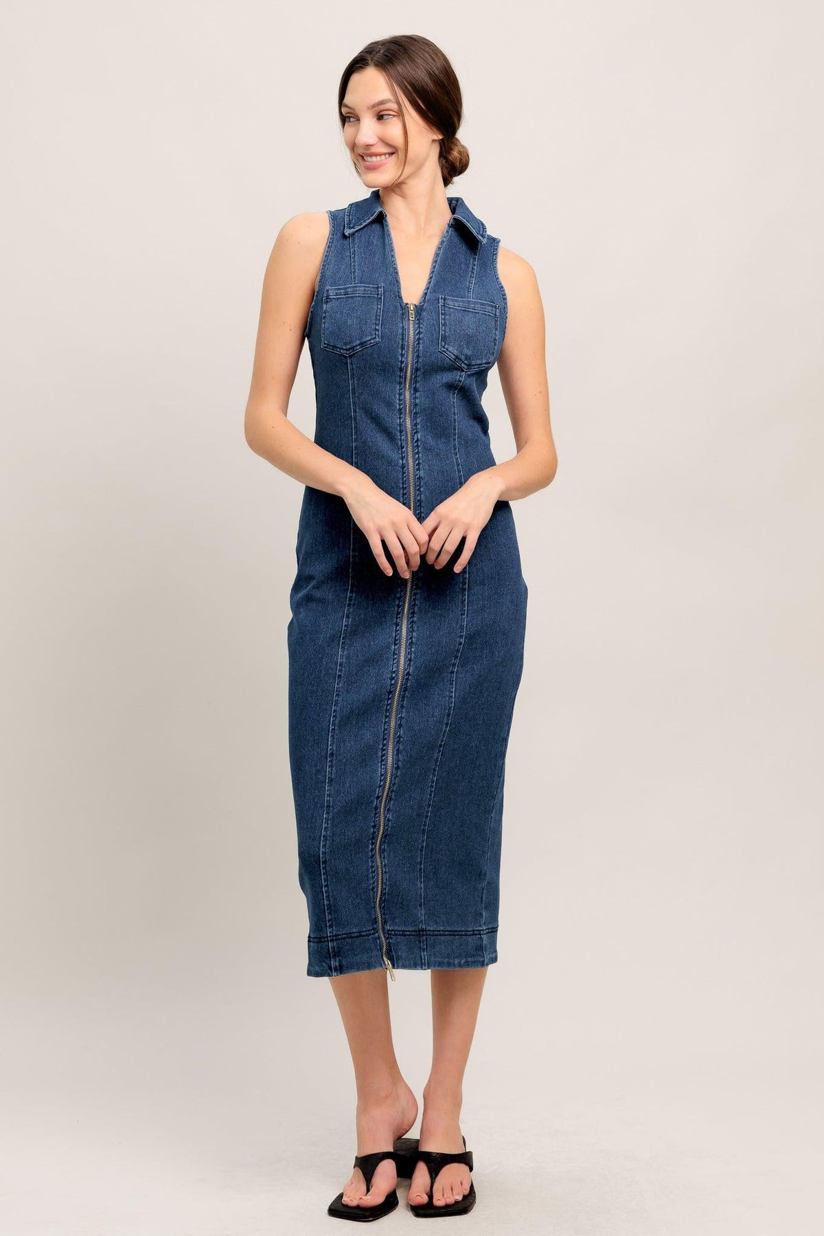 Flying Tomato Everyday Edge Denim Midi Dress in medium indigo with a fitted silhouette and casual style.