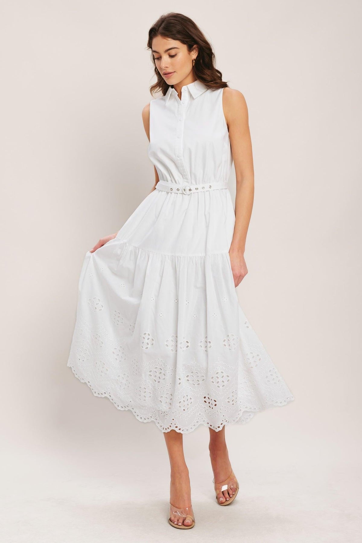 Flying Tomato Hamptons Summer Woven Midi Dress in white, sleeveless with a flowy, woven fabric design perfect for warm weather.