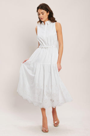 Flying Tomato Hamptons Summer Woven Midi Dress in white, sleeveless with a flowy, woven fabric design perfect for warm weather.