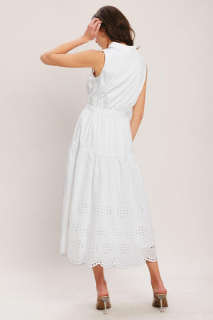 Flying Tomato Hampton summer woven midi dress in white with a flowy, sleeveless design and adjustable straps.