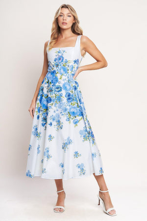 Flying Tomato Classic Bloom Day woven midi dress in white and blue with a floral pattern, featuring a fitted waist and sleeveless design.