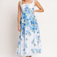Flying Tomato Classic Bloom Day woven midi dress in white and blue with floral pattern, sleeveless design, and fitted waist.